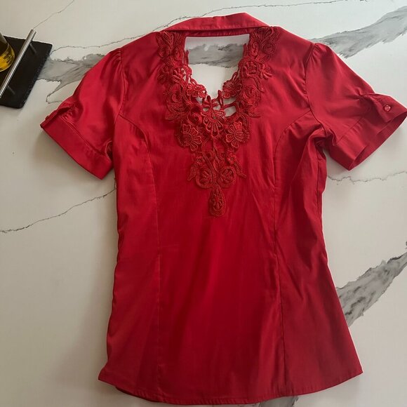 Kularium | Blouse | Small | Red | Ruffled Dress Shirt Top, Slight Stretch - Picture 7 of 9